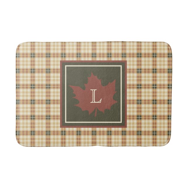  Brown Plaid Pattern Fall Maple Leaf Monogram Bath Mat (Front)