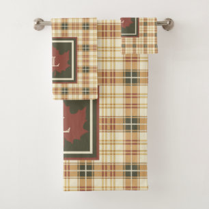  Brown Plaid Pattern Fall Maple Leaf Monogram Bath Towel Set