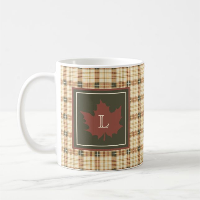  Brown Plaid Pattern Fall Maple Leaf Monogram Coffee Mug (Left)