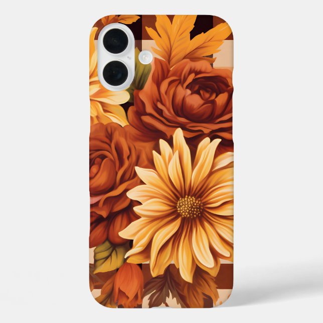 BROWN PLAID PATTERN WITH FALL ASTER FLOWERS Case-Mate iPhone CASE (Back)