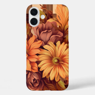 BROWN PLAID PATTERN WITH FALL ASTER FLOWERS iPhone 16 PLUS CASE