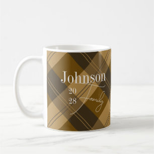 Brown Plaid Personalised Family Name Coffee Mug