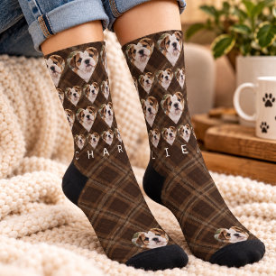 Brown Plaid Pet Photo Name Christmas Socks