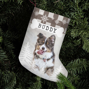 Brown Plaid Rustic Pine Trees Dog Bone Pet Photo Small Christmas Stocking