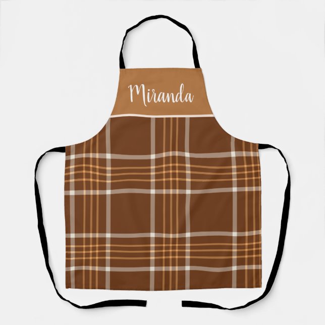 Brown Plaid tartan Chequered pattern  custom name  Apron (Front)