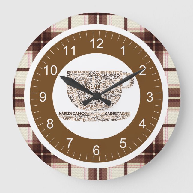 Brown Plaid Text Coffee Cup Large Clock (Front)