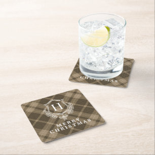 Brown Plaid Winter Monogram Crest Initial Square Paper Coaster