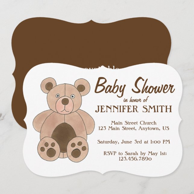 Brown Plush Teddy Bear Baby Shower Birthday Party Invitation (Front/Back)