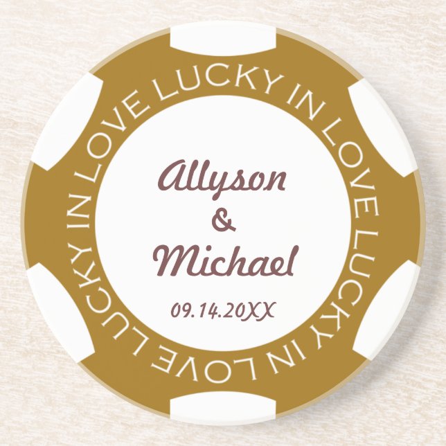Brown poker chip lucky in love wedding anniversary coaster (Front)