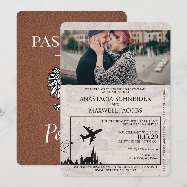 Brown Poland Passport Wedding Invitation (Front/Back)