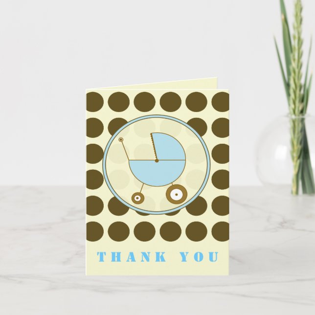 Brown Polka Dot / Blue Baby Carriage Thank You Card (Front)