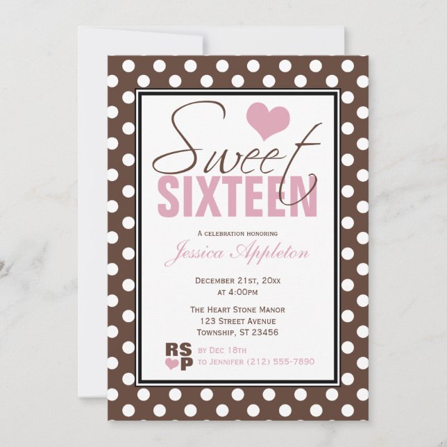Brown Polka Dot Pink Chevron Sweet Sixteen Invitation (Front)