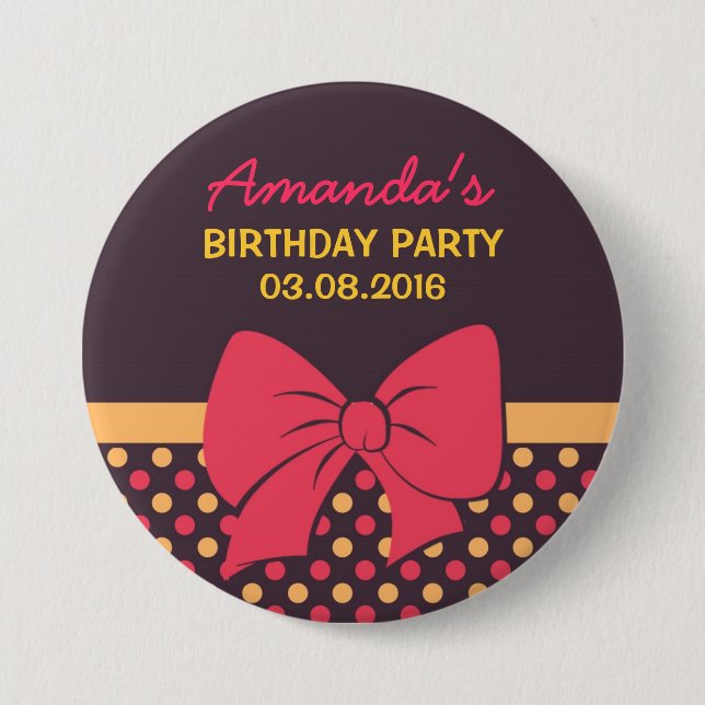 Brown Polka Dots Ribbons and Bows Birthday Button (Front)