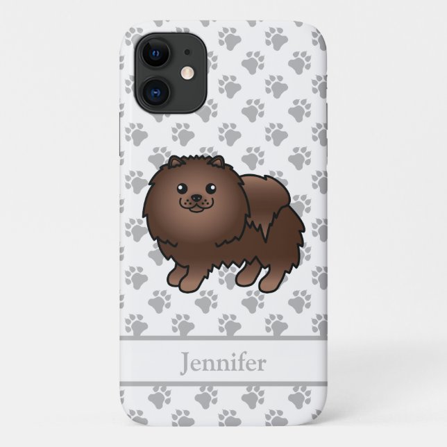 Brown Pomeranian Cute Cartoon Dog & Name Case-Mate iPhone Case (Back)