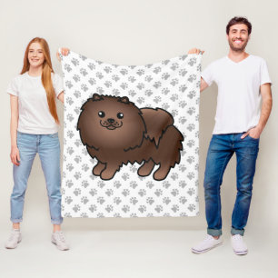 Brown Pomeranian Cute Cartoon Dog & Paws Fleece Blanket