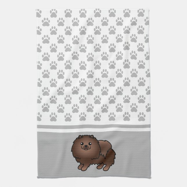 Brown Pomeranian With Grey Paws Pattern Tea Towel (Vertical)