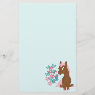 Brown Pony with Flowers and Butterflies Stationary Stationery
