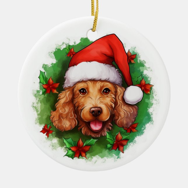 Brown Poodle Christmas Wreath Ceramic Tree Decoration (Front)