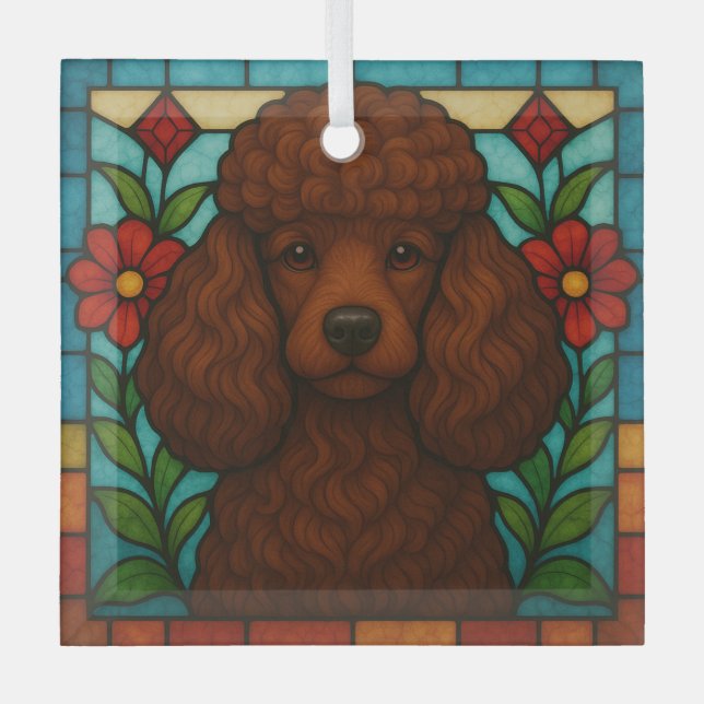 Brown Poodle Dog "Stained Glass"  Glass Tree Decoration (Front)