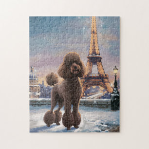 Brown Poodle Winter in Paris Painting Art Jigsaw Puzzle