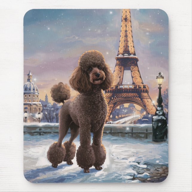 Brown Poodle Winter in Paris Painting Art Mouse Mat (Front)