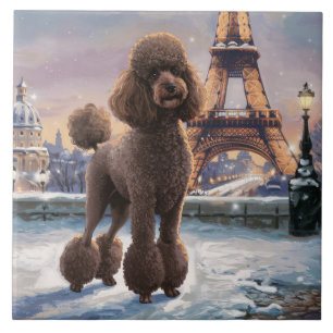 Brown Poodle Winter in Paris Painting Art Tile