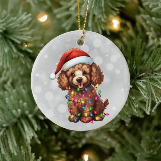 Brown Poodle Wrapped in Christmas Lights Ceramic Tree Decoration (Tree)