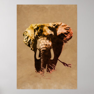 Brown Pop Art Elephant Ink Paint Poster