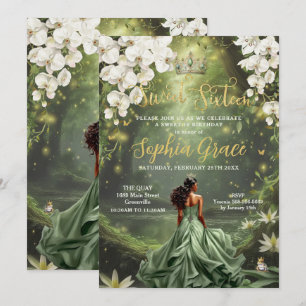 Brown Princess and Frog Sage Green Dress Sweet 16 Invitation