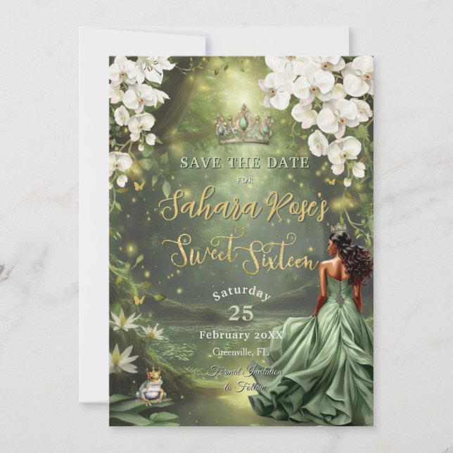 Brown Princess and Frog Sage Green Dress Sweet 16  Save The Date (Front)