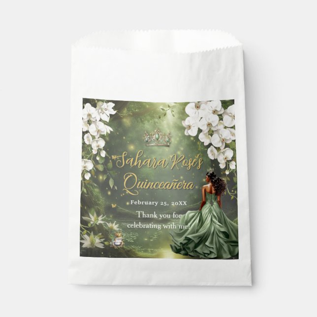 Brown Princess and Frog Sage Green Quinceanera 16 Favour Bags (Front)
