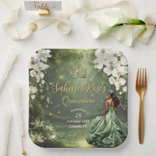 Brown Princess and Frog Sage Green Quinceanera 16 Paper Plate