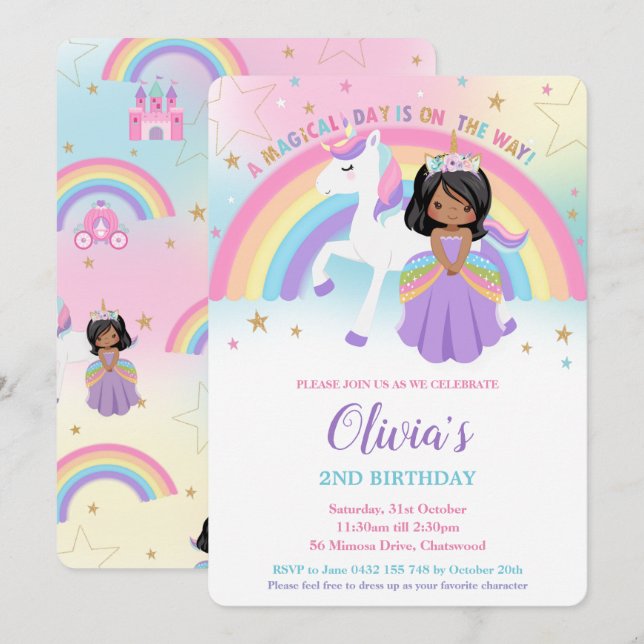 Brown Princess Unicorn Birthday Party Rainbow   Invitation (Front/Back)