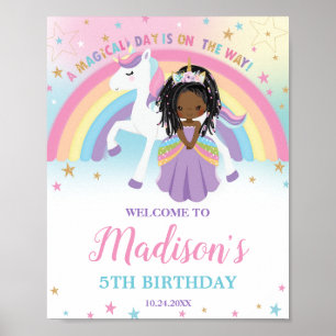 Brown Princess Unicorn Birthday Rainbow Welcome Poster