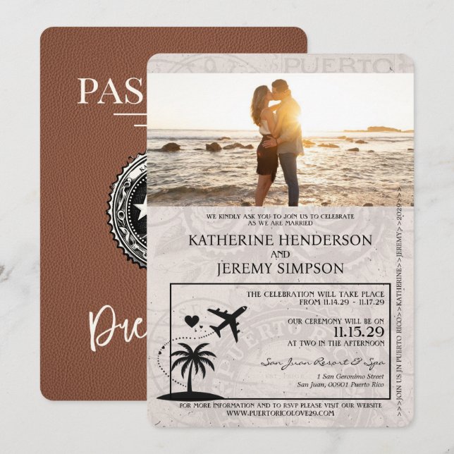Brown Puerto Rico Passport Wedding Invitation (Front/Back)