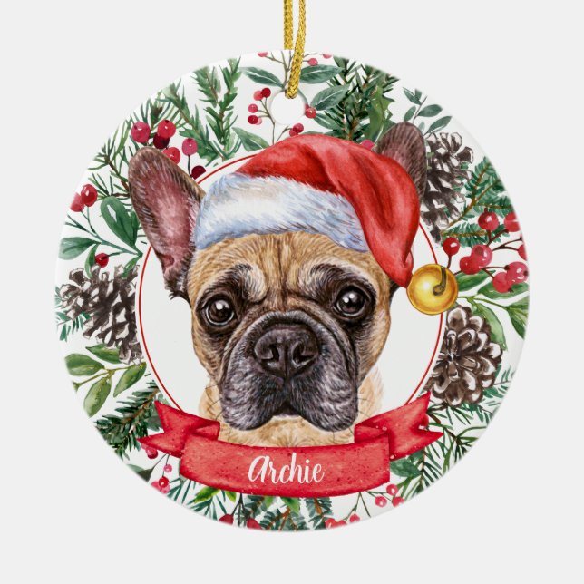 Brown Pug Custom Dog Santa Hat Christmas Ornament (Front)