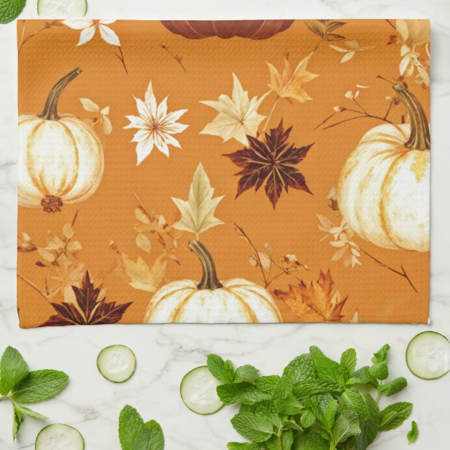 Brown Pumpkin Floral Autumn and Fall Pattern Tea Towel (Folded)