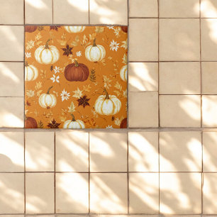 Brown Pumpkin Floral Autumn and Fall Pattern Tile