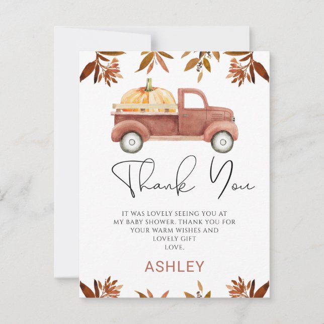 Brown Pumpkin Truck Baby Shower Thank You Card (Front)