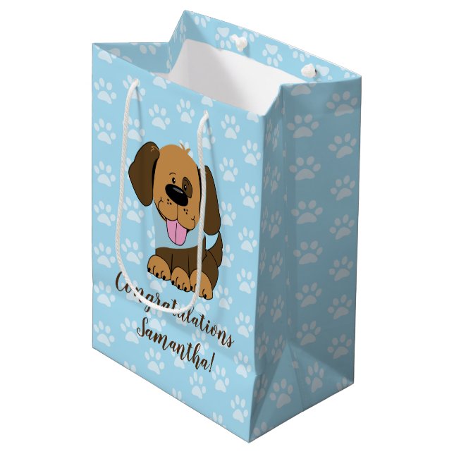 Brown Puppy Dog Blue Paw Print Gift Bag (Front Angled)