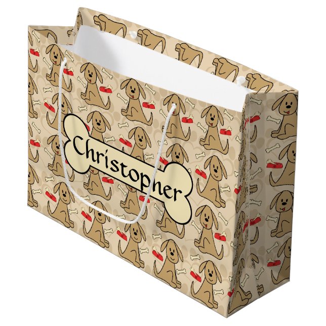 Brown Puppy Dog Graphic Design Personalise Large Gift Bag (Front Angled)