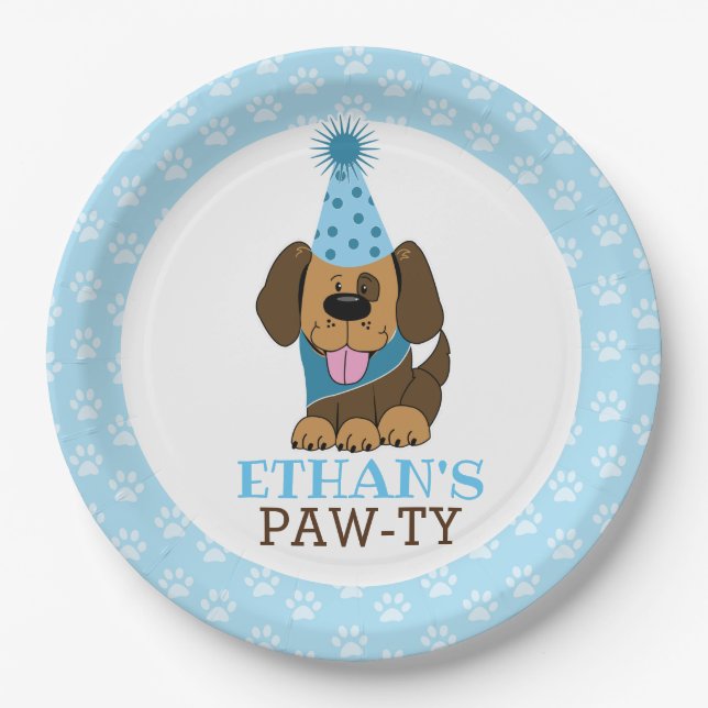 Brown Puppy Dog Paw-ty Any Age Birthday Paper Plate (Front)