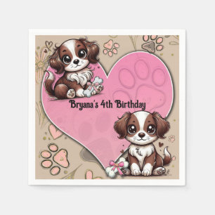 Brown Puppy Dog Pink Paw & Heart Birthday Party  Napkin