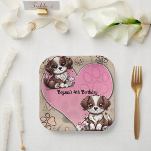 Brown Puppy Dog Pink Paw & Heart Birthday Party  Paper Plate