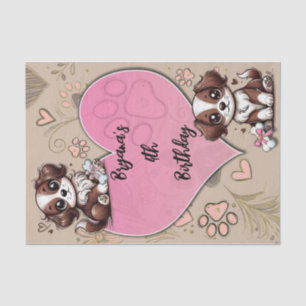 Brown Puppy Dog Pink Paw & Heart Birthday Party  Tissue Paper