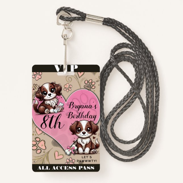 Brown Puppy Dog Pink Paw & Heart Birthday VIP Pass ID Badge (Front with Lanyard)