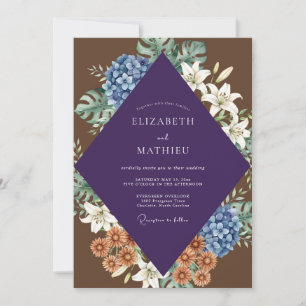Brown Purple Tropical Eucalyptus Wedding Invitation