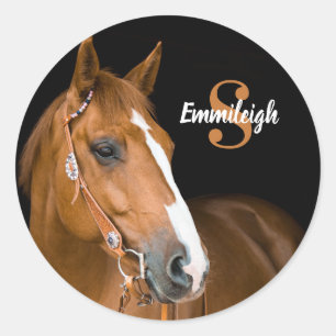Brown Quarter Horse Black Monogram Name Initial Classic Round Sticker