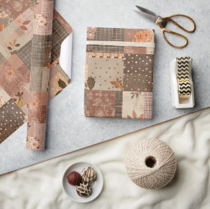 Brown Quilt Earthy Gingham Cottagecore Floral Wrapping Paper