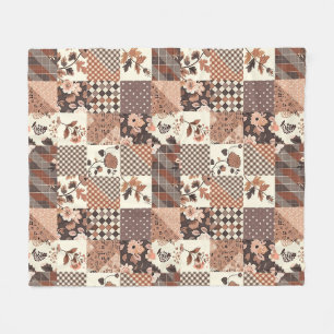 Brown Quilt Patchwork Gingham Cottagecore Floral Fleece Blanket